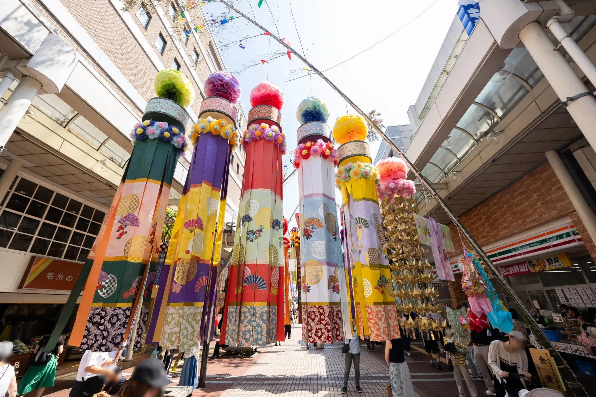 Colorful paper streamers hanging above the Sendai Tanabata festival route in 2024.